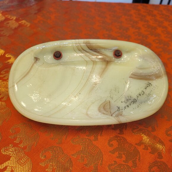 1930s Houze Akro Agate Slag Glass UV Radium Glow Art Deco Brass Lion Ashtray - Picture 6 of 8